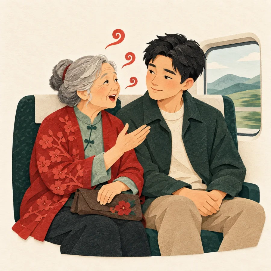 An elderly mother talks at her son on a train while he nods patiently