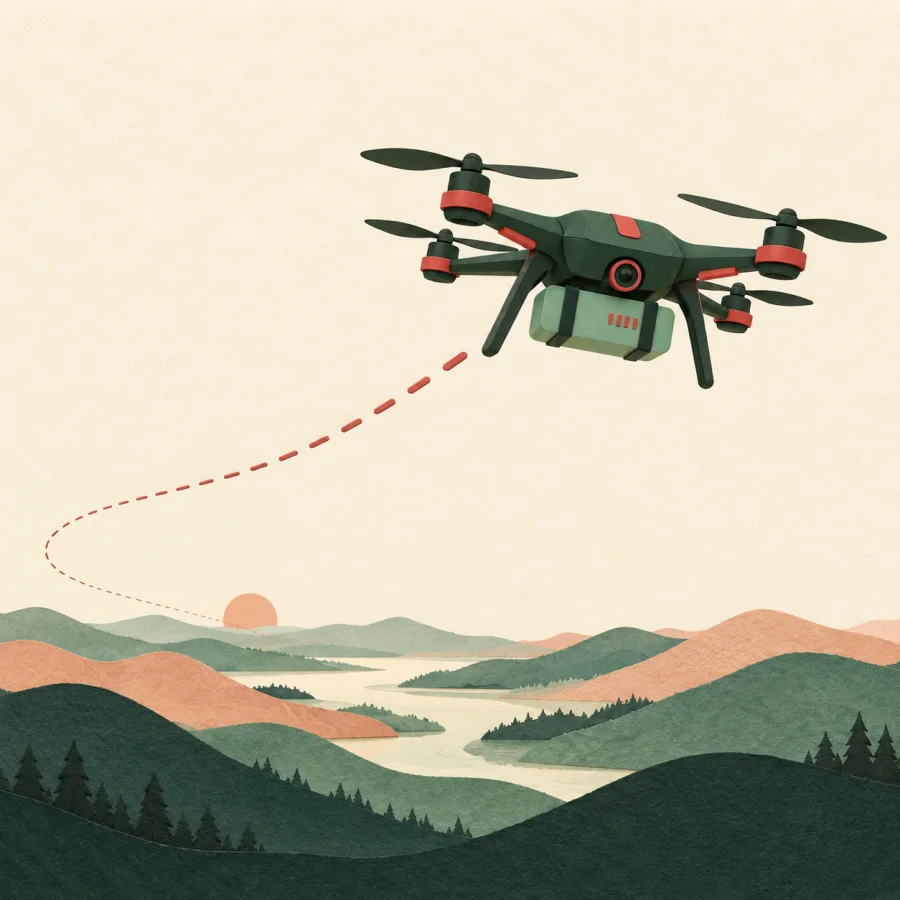 A drone flies steadily over hills leaving a trail behind it