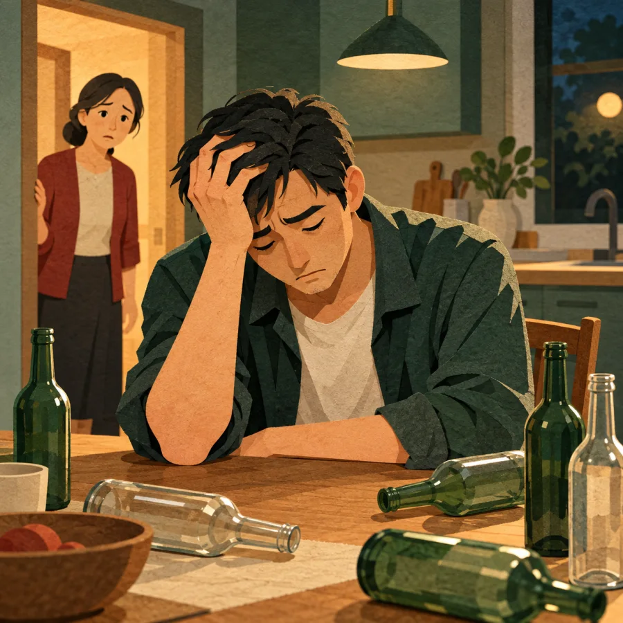 A tired man sits at a kitchen table surrounded by empty bottles