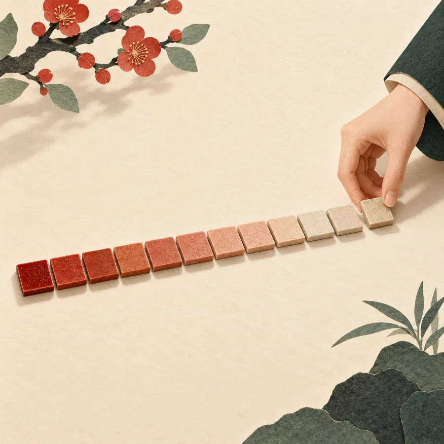 A hand places tiles one by one in a precise line on a table