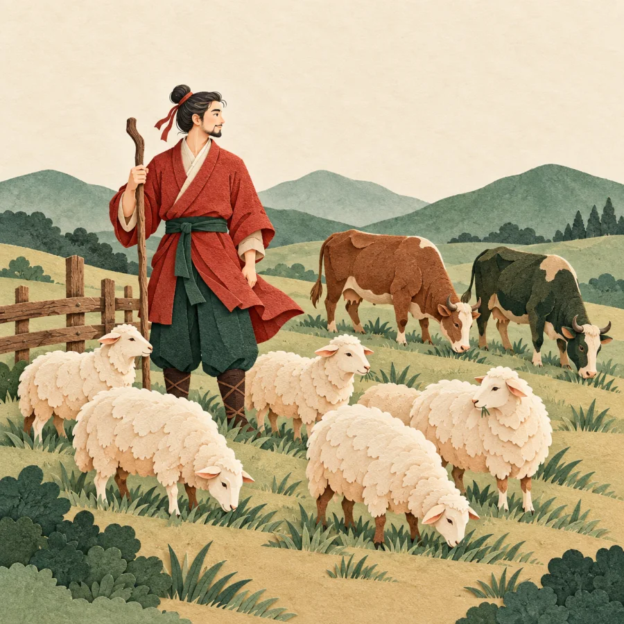 A shepherd watches over sheep grazing on green hills