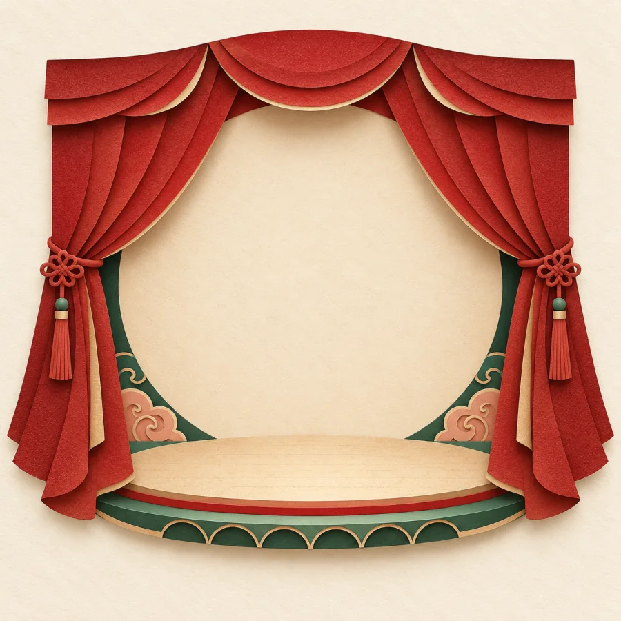 A red theater curtain just beginning to open onto a cream-lit stage