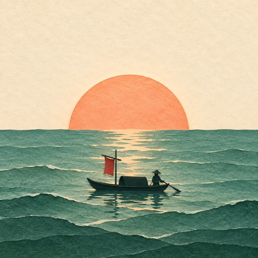 A peach sun rising over a jade sea with a small boat below