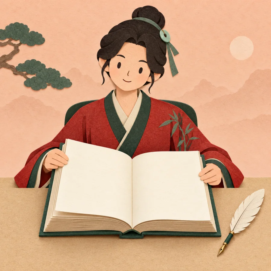 A person opening a thick book to its first page beside a quill pen