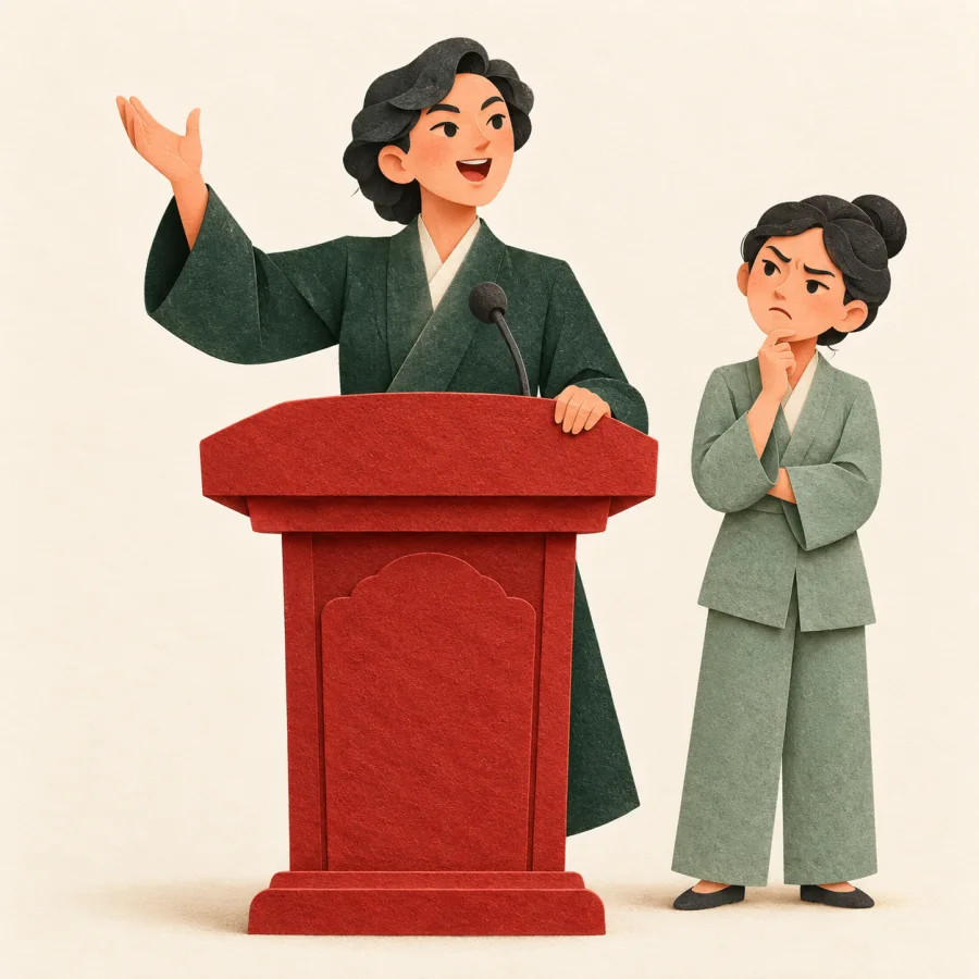A speaker at a red podium declaring to listeners who look doubtful
