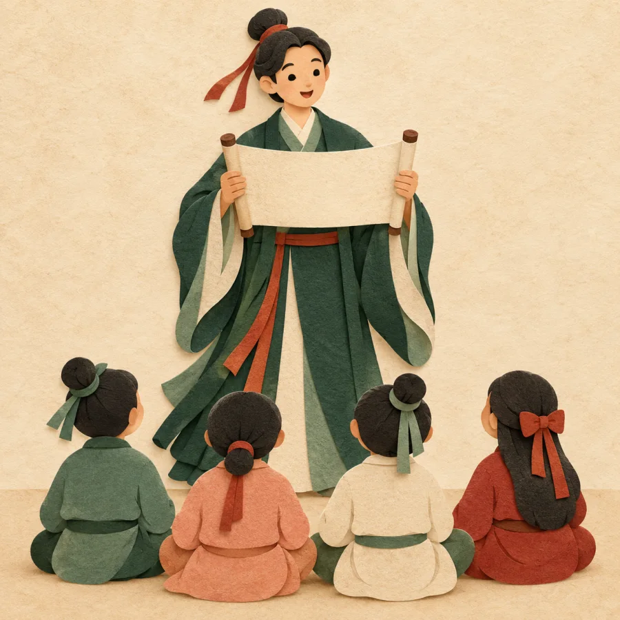A person reading aloud from a paper scroll before seated listeners