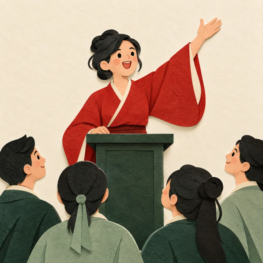 A person at a podium announces news to a gathered audience