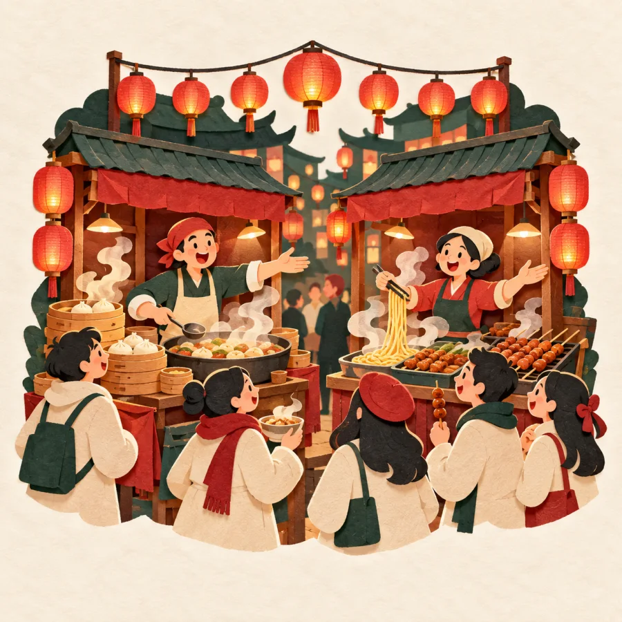 A lively night market with lanterns and calling vendors