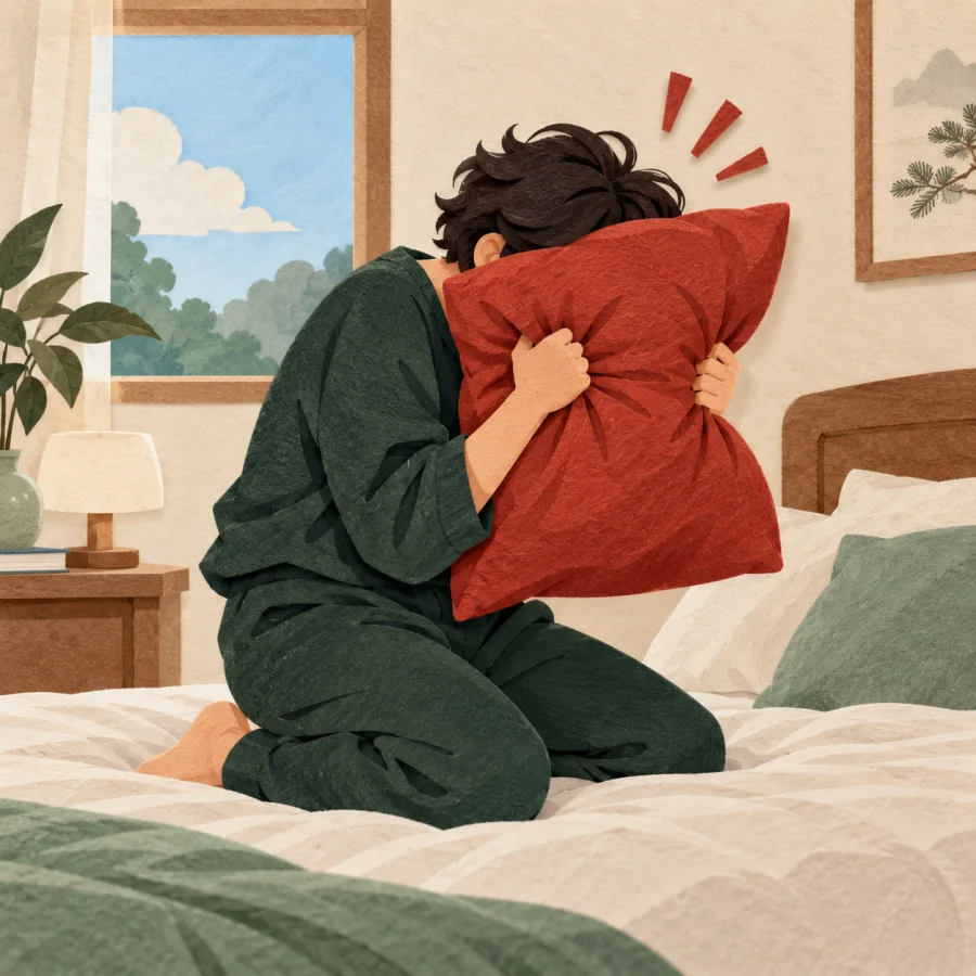 A person shouting into a pillow to let off steam