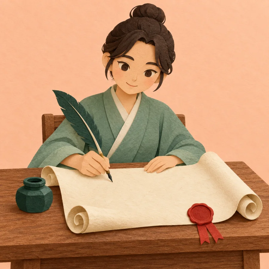 A person signs a proclamation scroll with a seal nearby