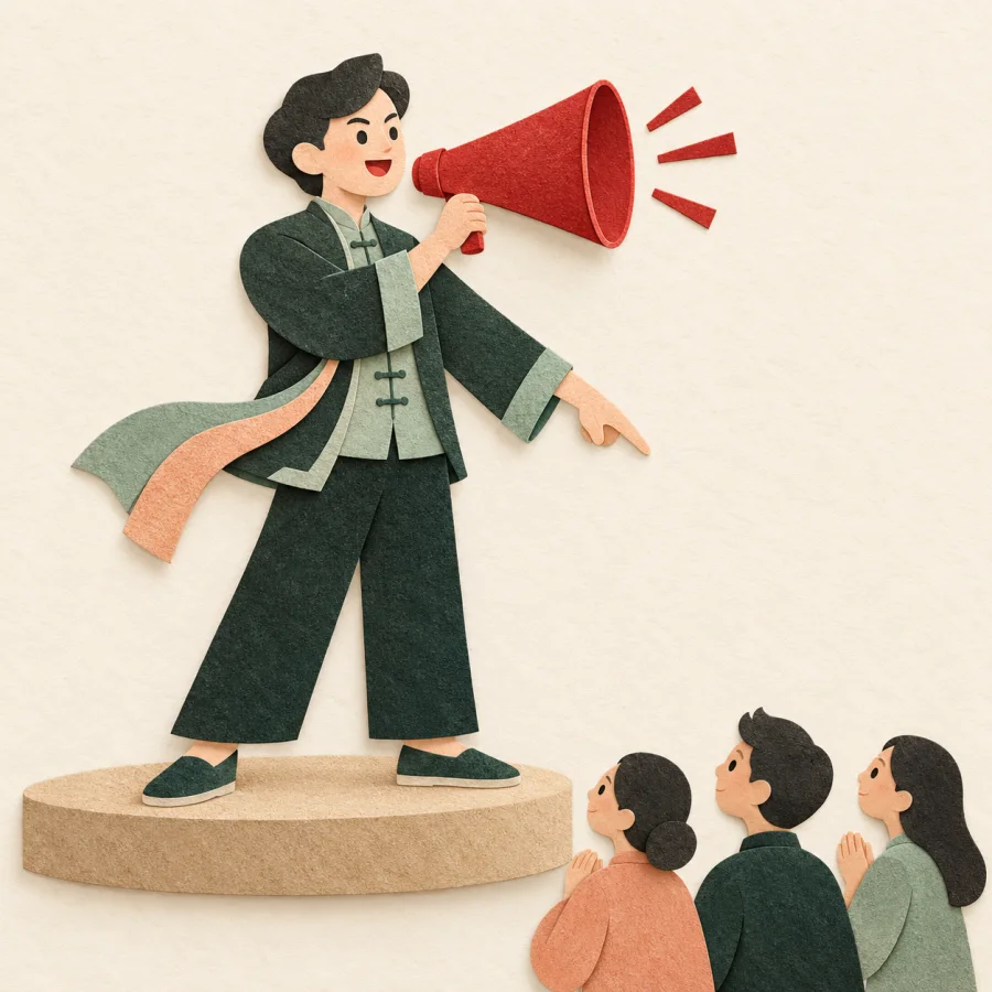 A person speaks through a megaphone on a small stage