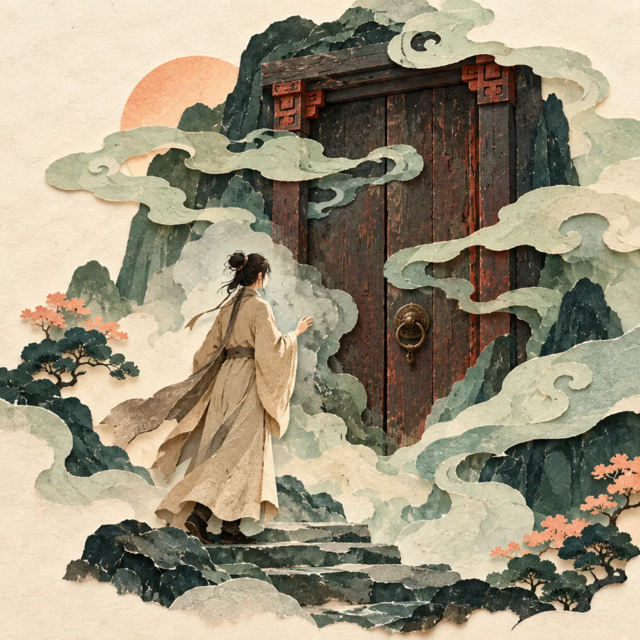 A person pauses before a door hidden in mist