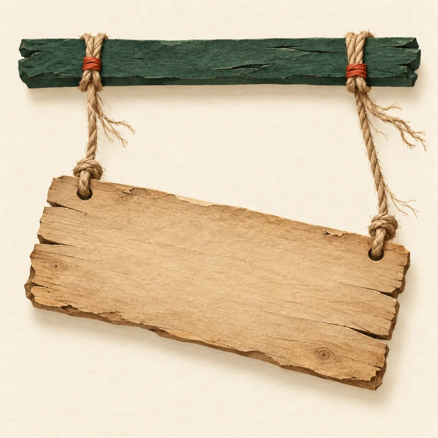 An old signboard hangs crookedly on ropes