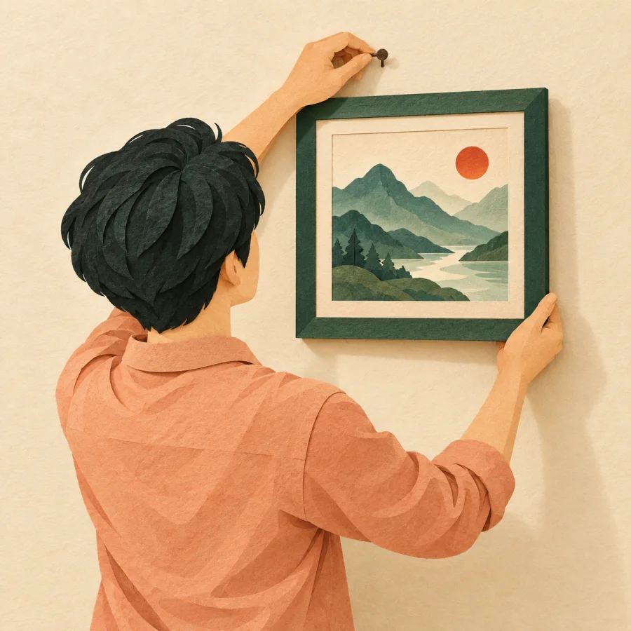 A person hangs a framed picture on a wall