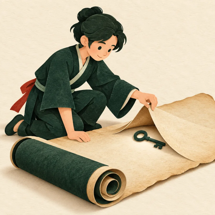 A person lifts the edge of a scroll to reveal a hidden key