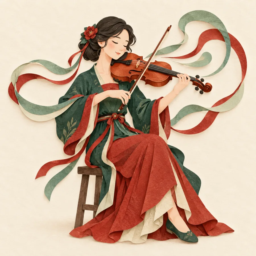 A violinist plays while flowing waves surround him