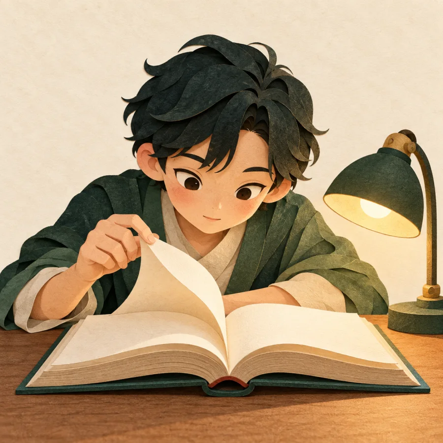 A reader lifts the next page of an open book by lamplight