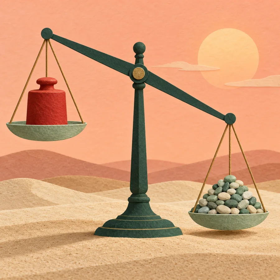 A balance scale with one heavy weight and many small pebbles