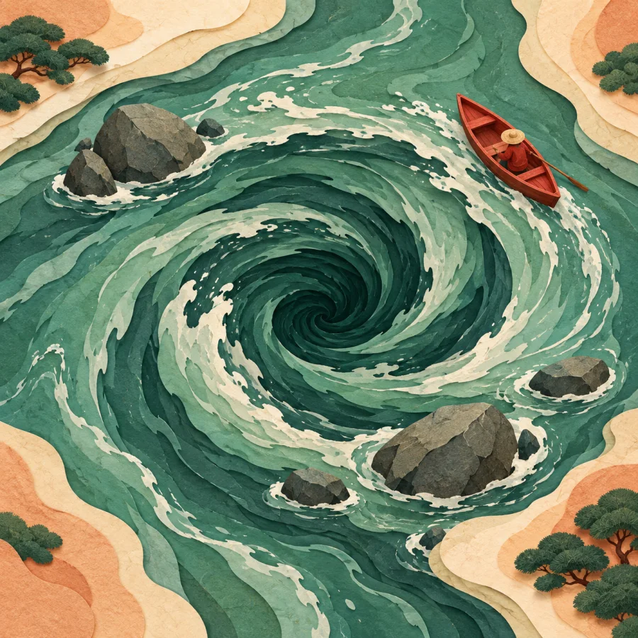A river whirlpool with a small boat keeping its distance