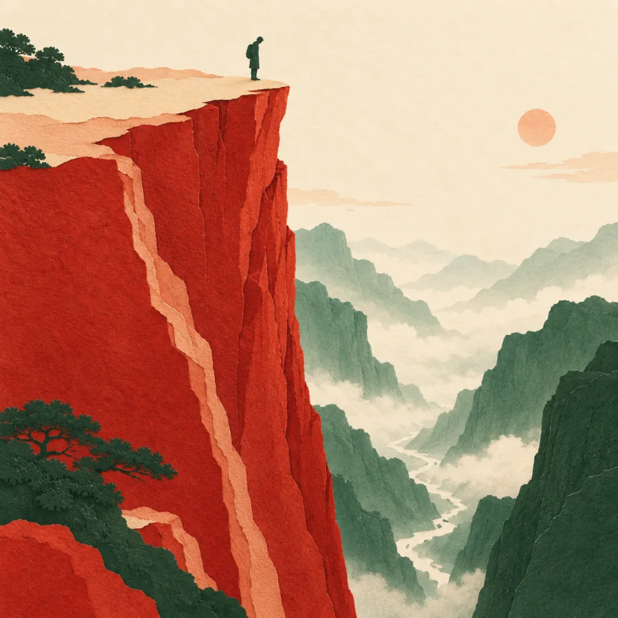 A person stands at the edge of a tall cliff, looking down.