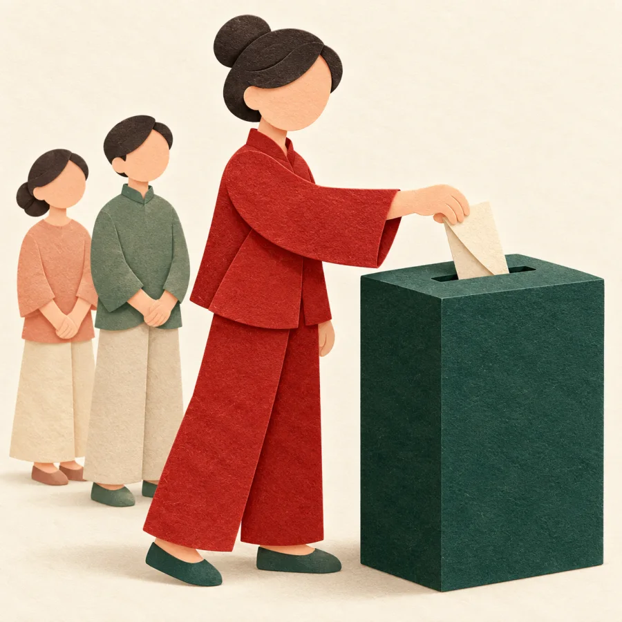 A person drops a paper slip into a green ballot box.