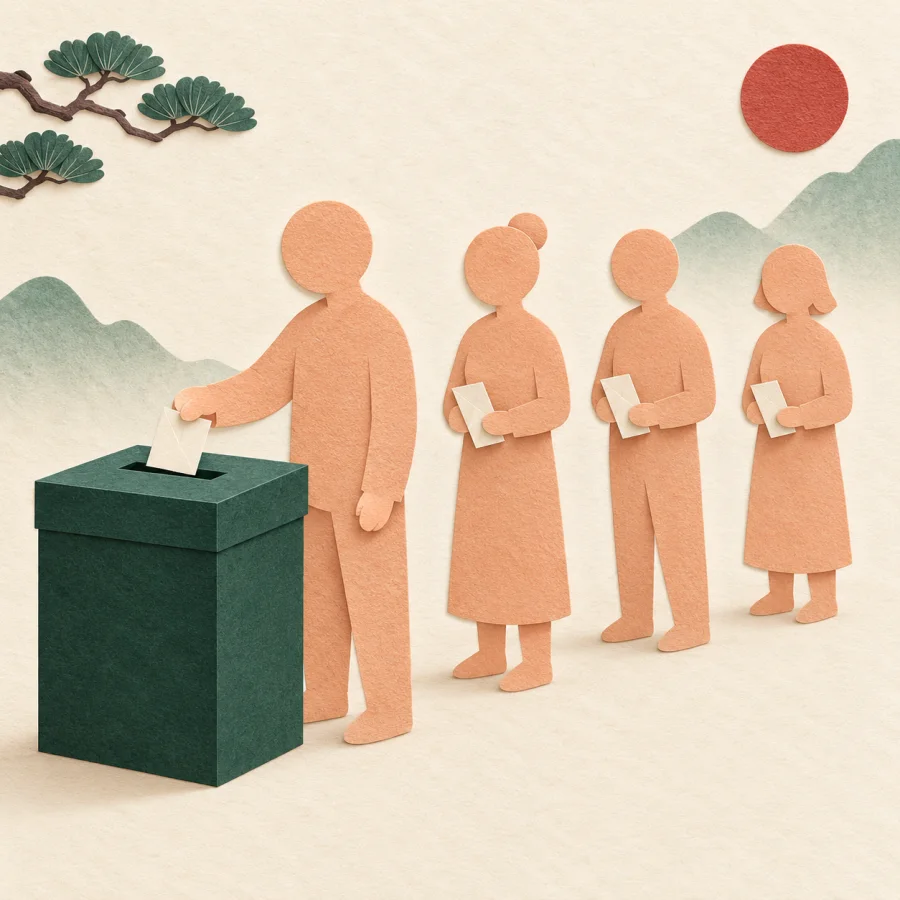 People holding paper slips stand in line at a ballot box.