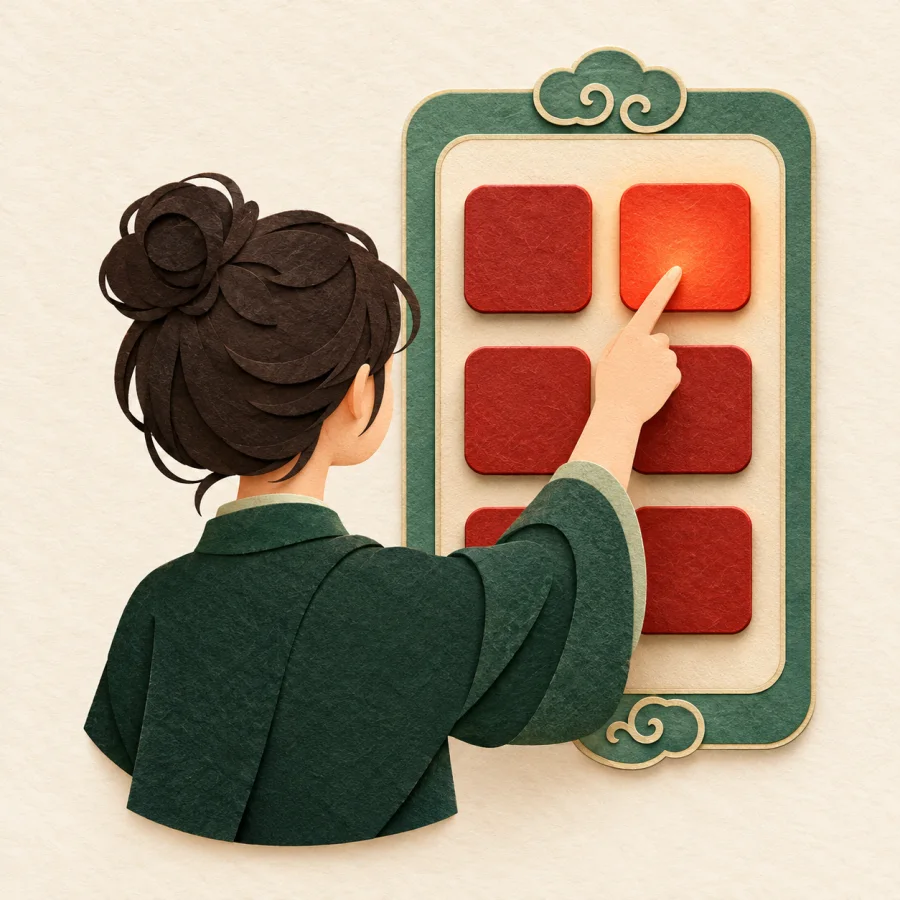 A person chooses one of several square options on a screen.