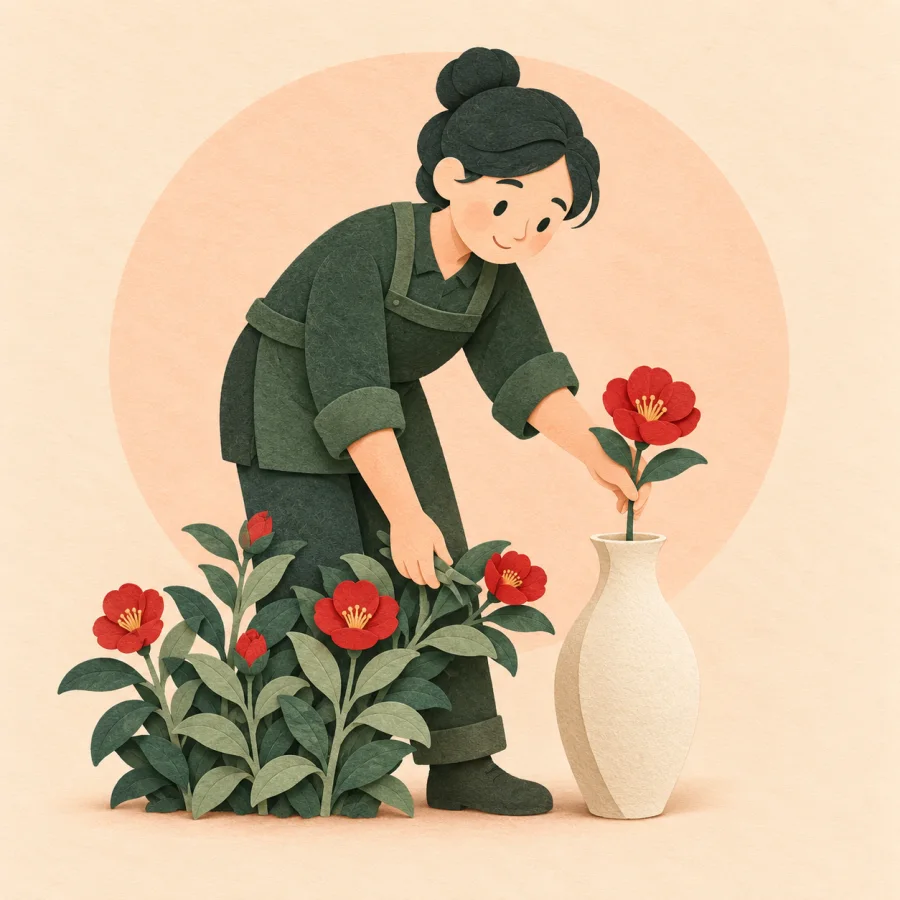 A person picks one flower and places it in a vase.