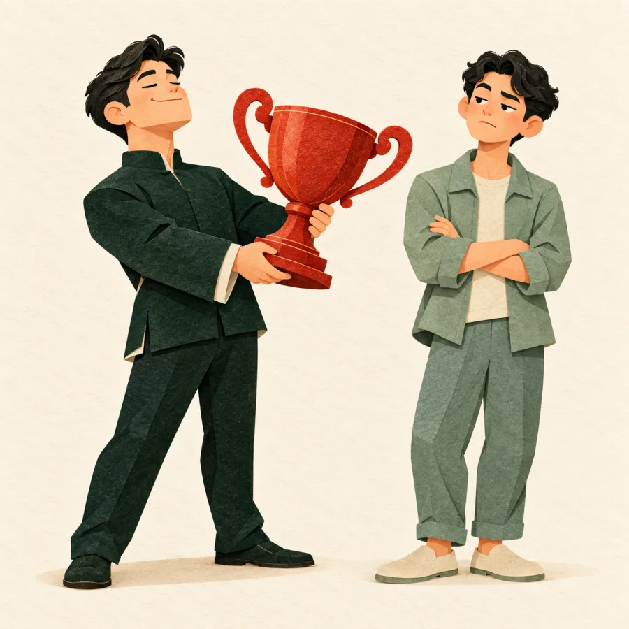A proud man shows a trophy to an unimpressed friend