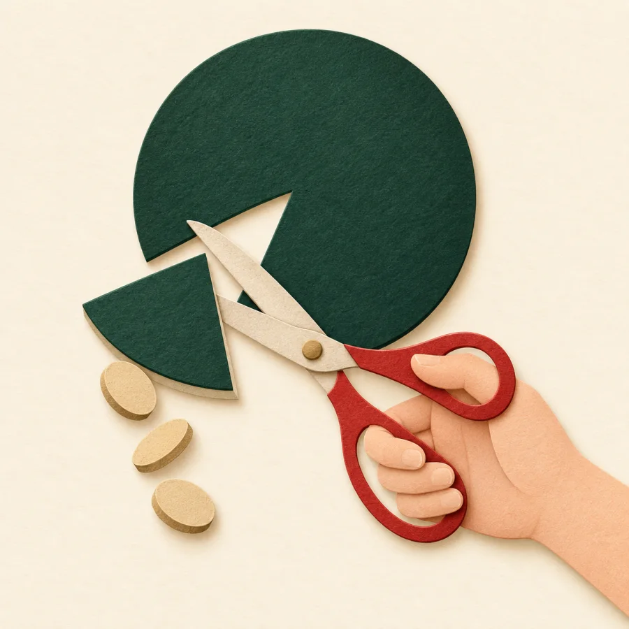 A hand with scissors cuts a slice off a circular chart
