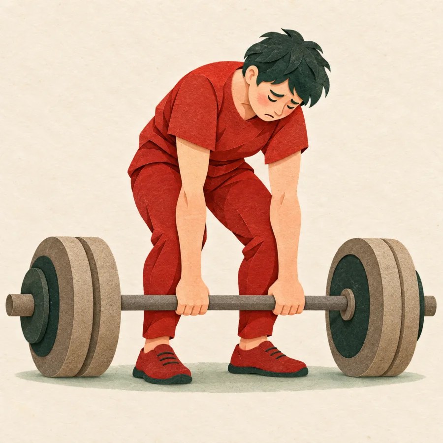 A tired figure weakly lifting a heavy barbell