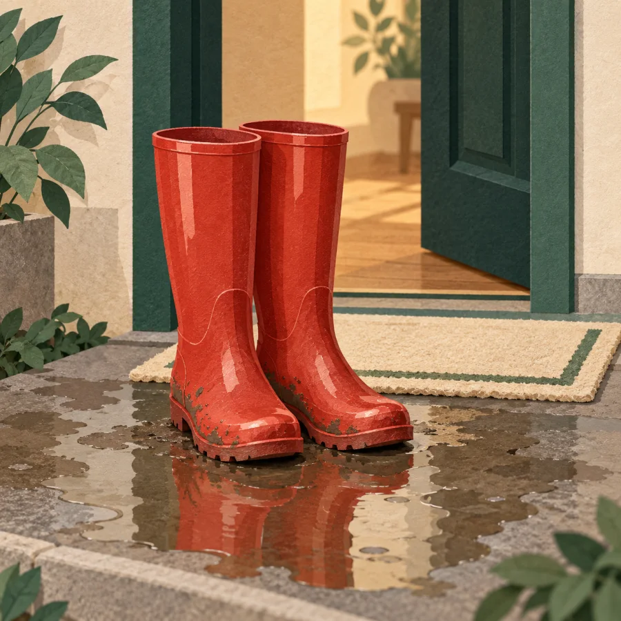 Tall boots stand in a puddle by a doormat