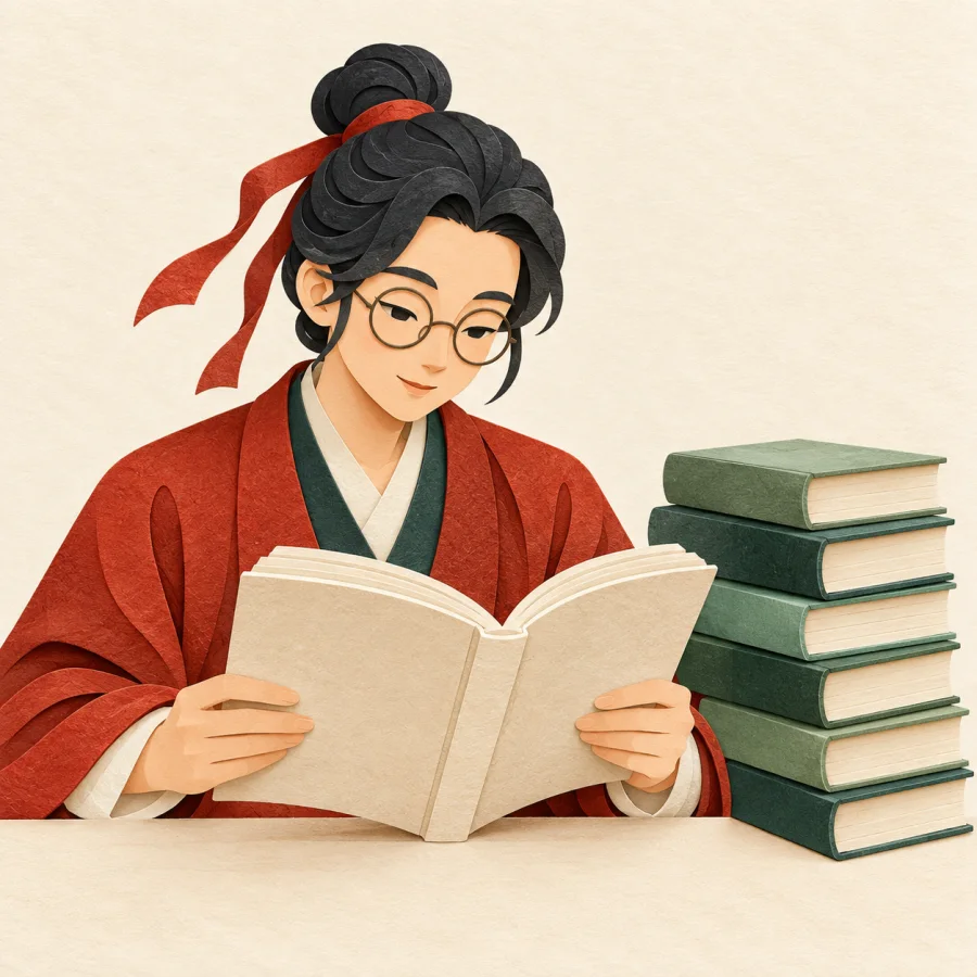 A scholar with spectacles reads beside a stack of books