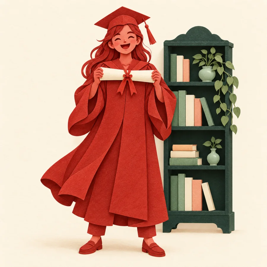 A graduate in cap and gown holds a rolled diploma beside a tall bookshelf.