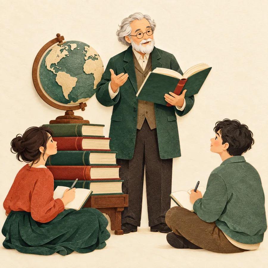A professor presents an open book to listeners beside a globe and stacked books.