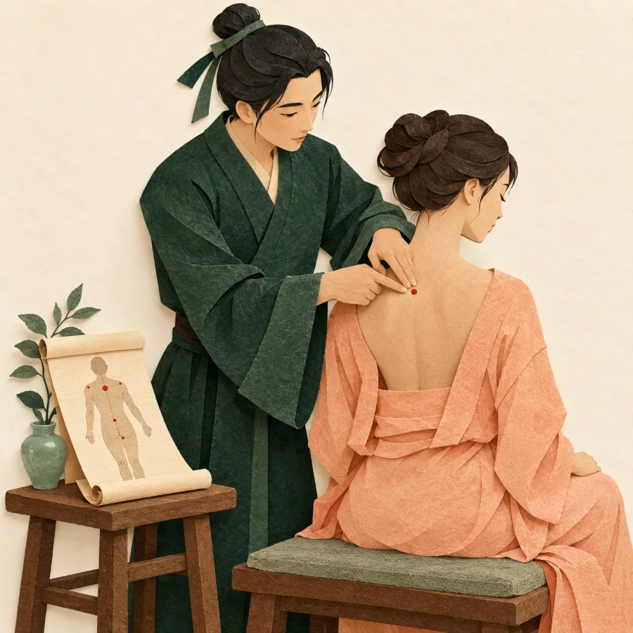 A practitioner presses an acupuncture point on a patient's back
