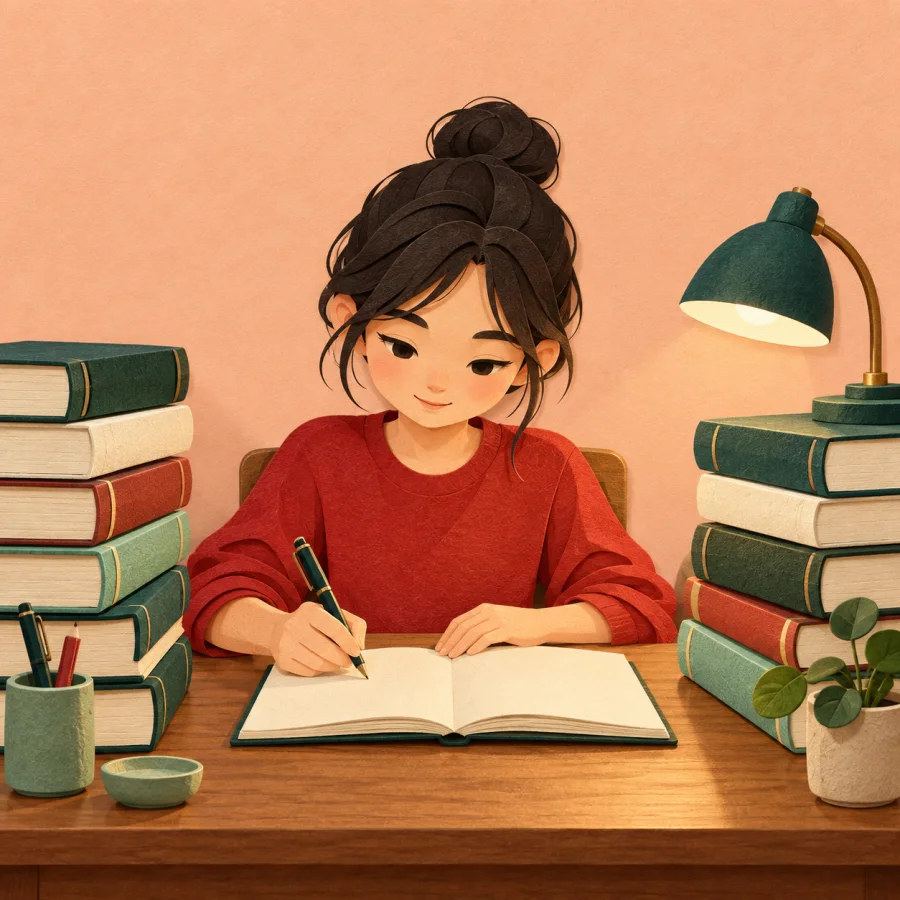 A focused student writes in a notebook at a desk piled with book stacks.