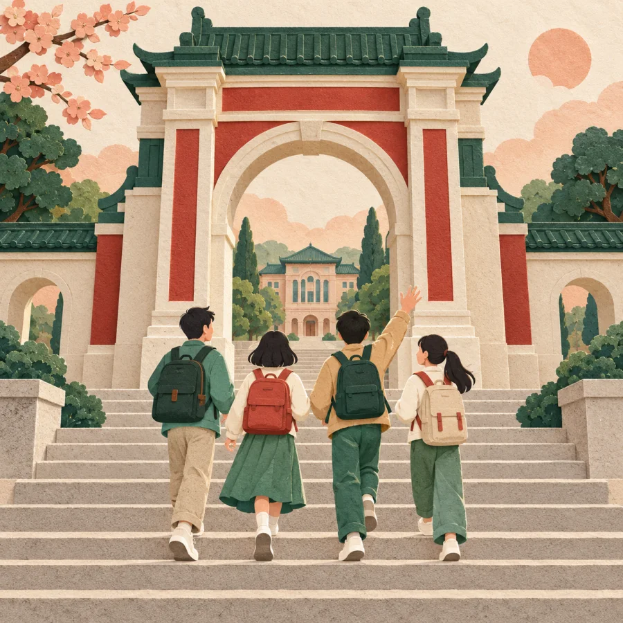 Several young students with book bags walk up steps toward a campus archway.