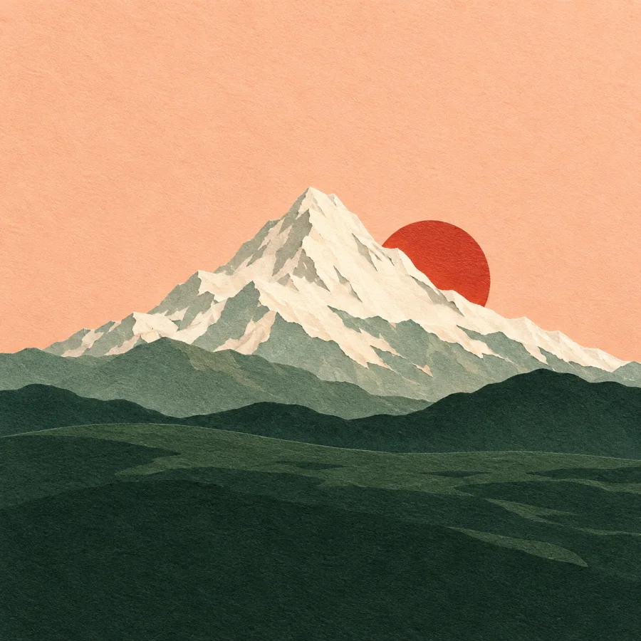 A snow-capped peak above a green plateau under a red sun