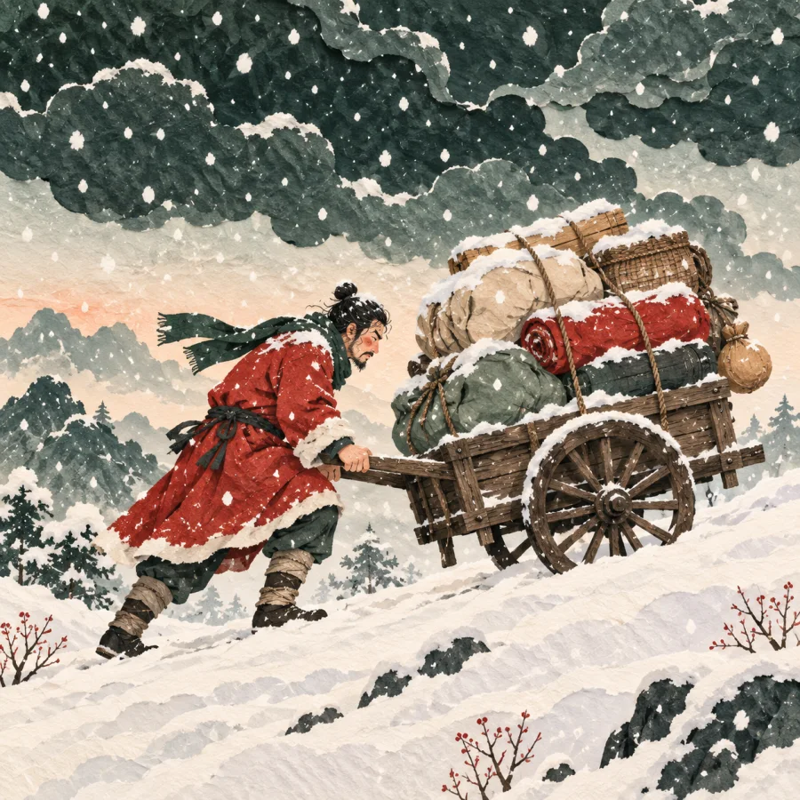 A traveler pushes a heavily loaded cart up a snowy hill