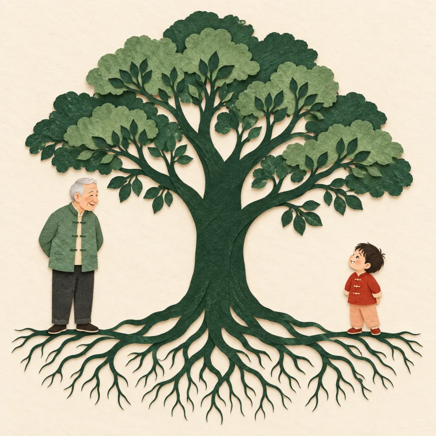 A green tree whose roots join a grandfather and his grandchild
