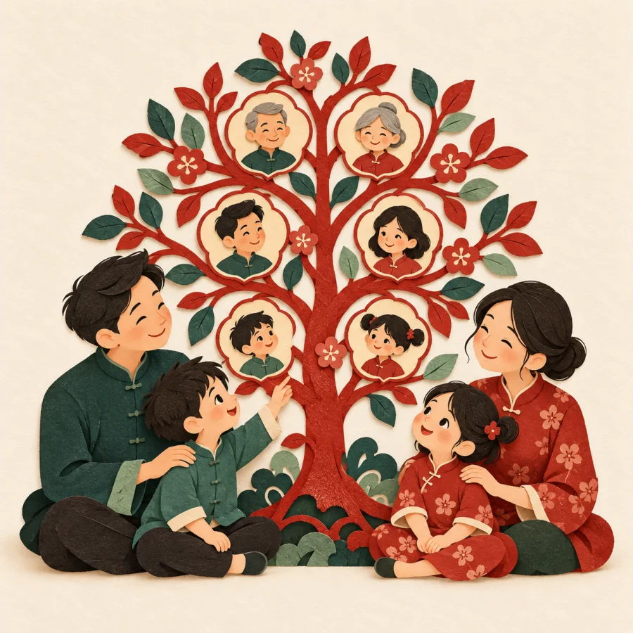 A family sits around a red family tree drawn on parchment