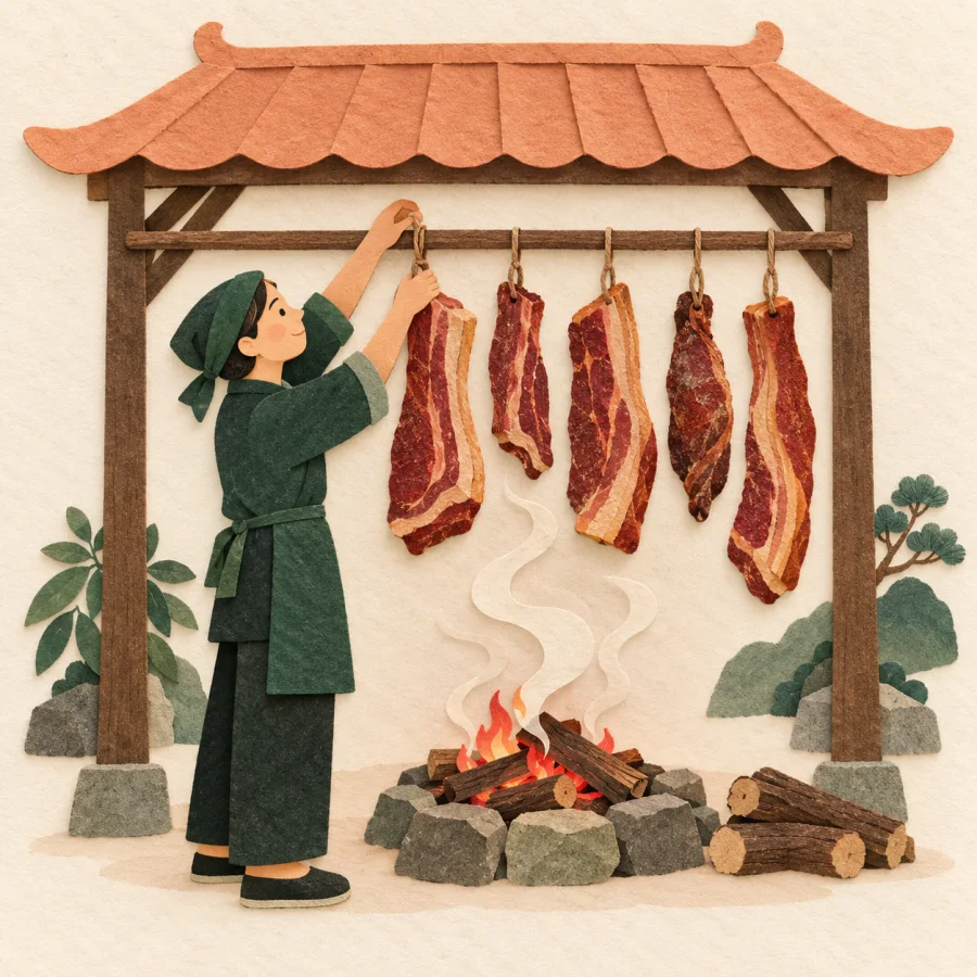 A person smokes meat strips over a small fire under the eaves