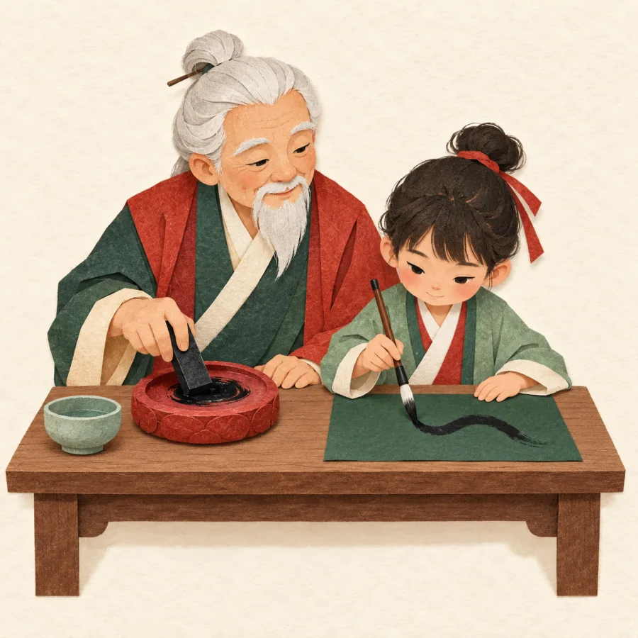 An elderly calligrapher teaches a child brush writing at a desk