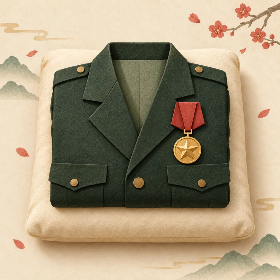 A medal with a red ribbon pinned to a uniform jacket