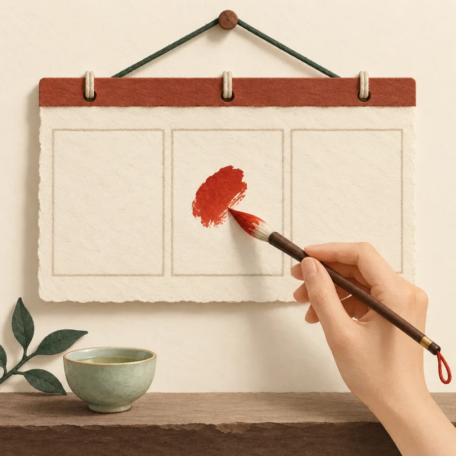 A hand circles the middle block of a wall calendar with a brush