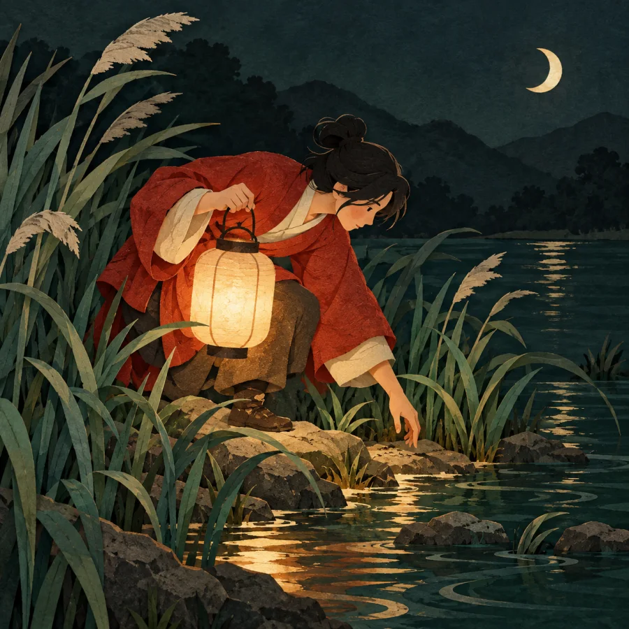 A person with a lantern searches along a riverbank at night