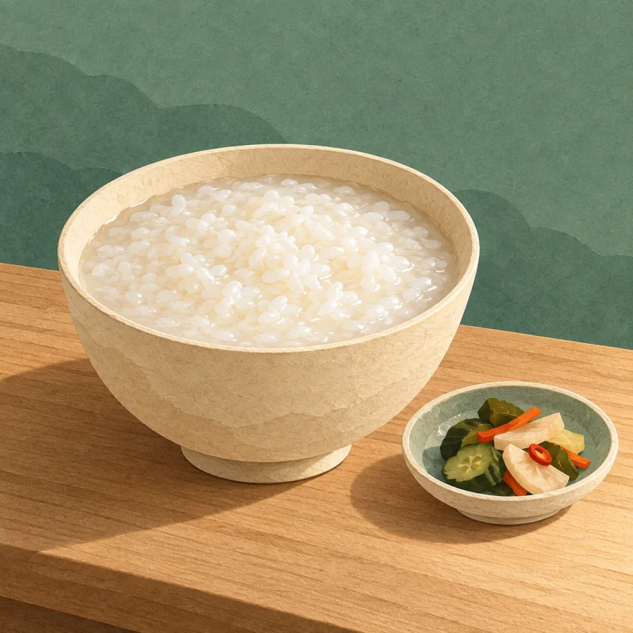 A simple breakfast of rice porridge on a wooden table