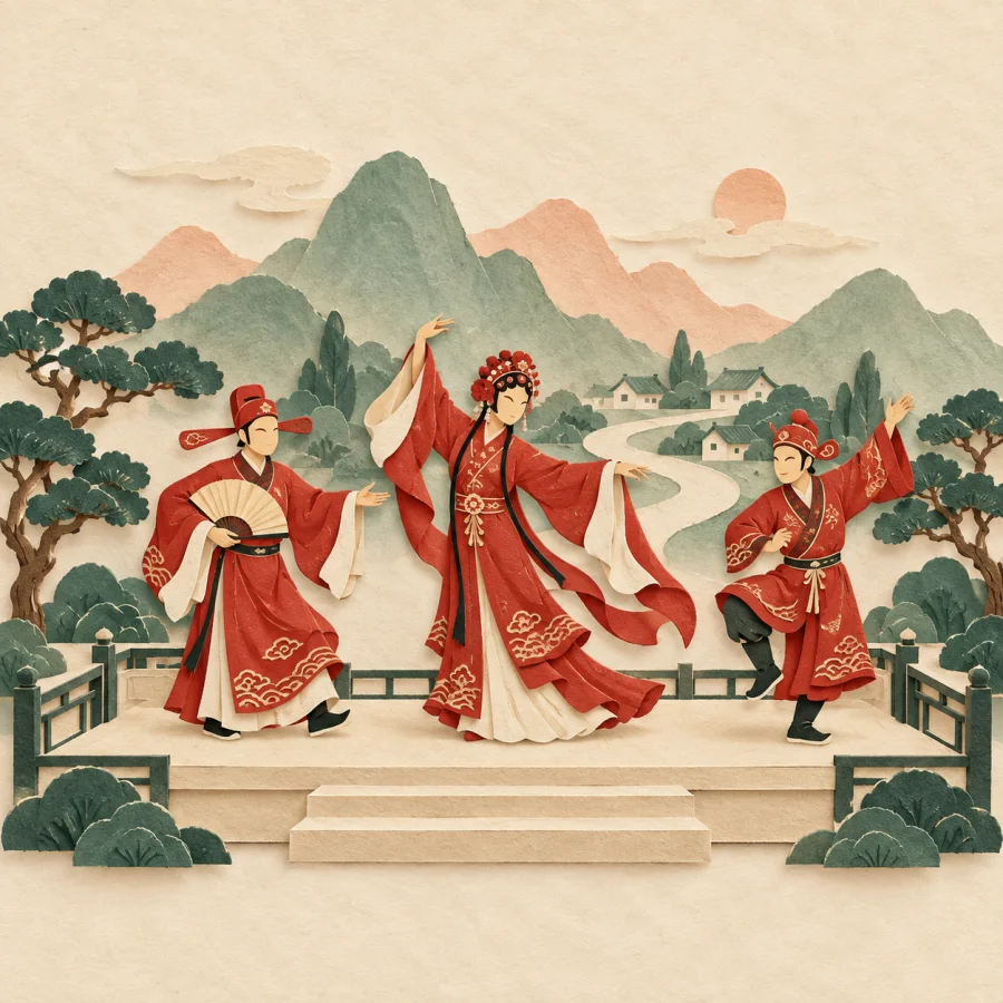 A troupe in red robes performs on a small village stage