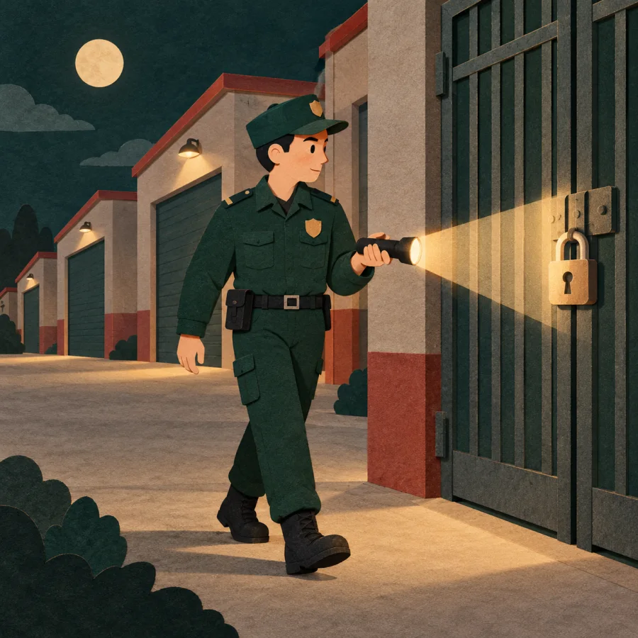 A night guard with a flashlight walks a dark path past warehouses, checking a locked gate
